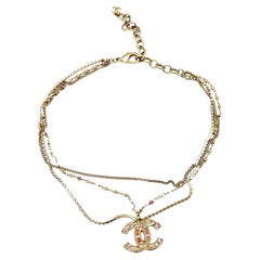 Chanel Gold CC Pink Stone Pearl Plaid Multi Chain Necklace 