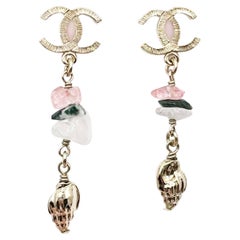 Chanel Gold CC Pink White Stone Shell Dangle Piercing Earrings