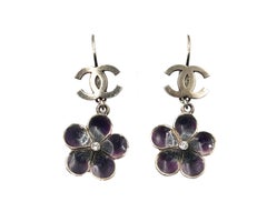 Chanel Gold CC Purple Flower Lever Back Piercing Earrings