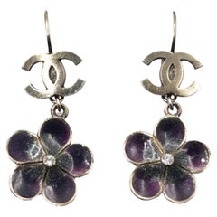 Chanel Gold CC Purple Flower Lever Back Piercing Earrings