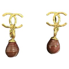 Chanel Gold CC Red Bead Dangle Earrings, 2023