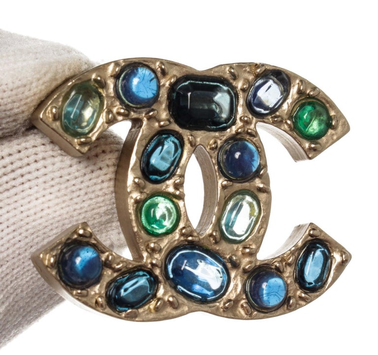 Chanel Gold CC Rhinestone Brooch For Sale at 1stDibs