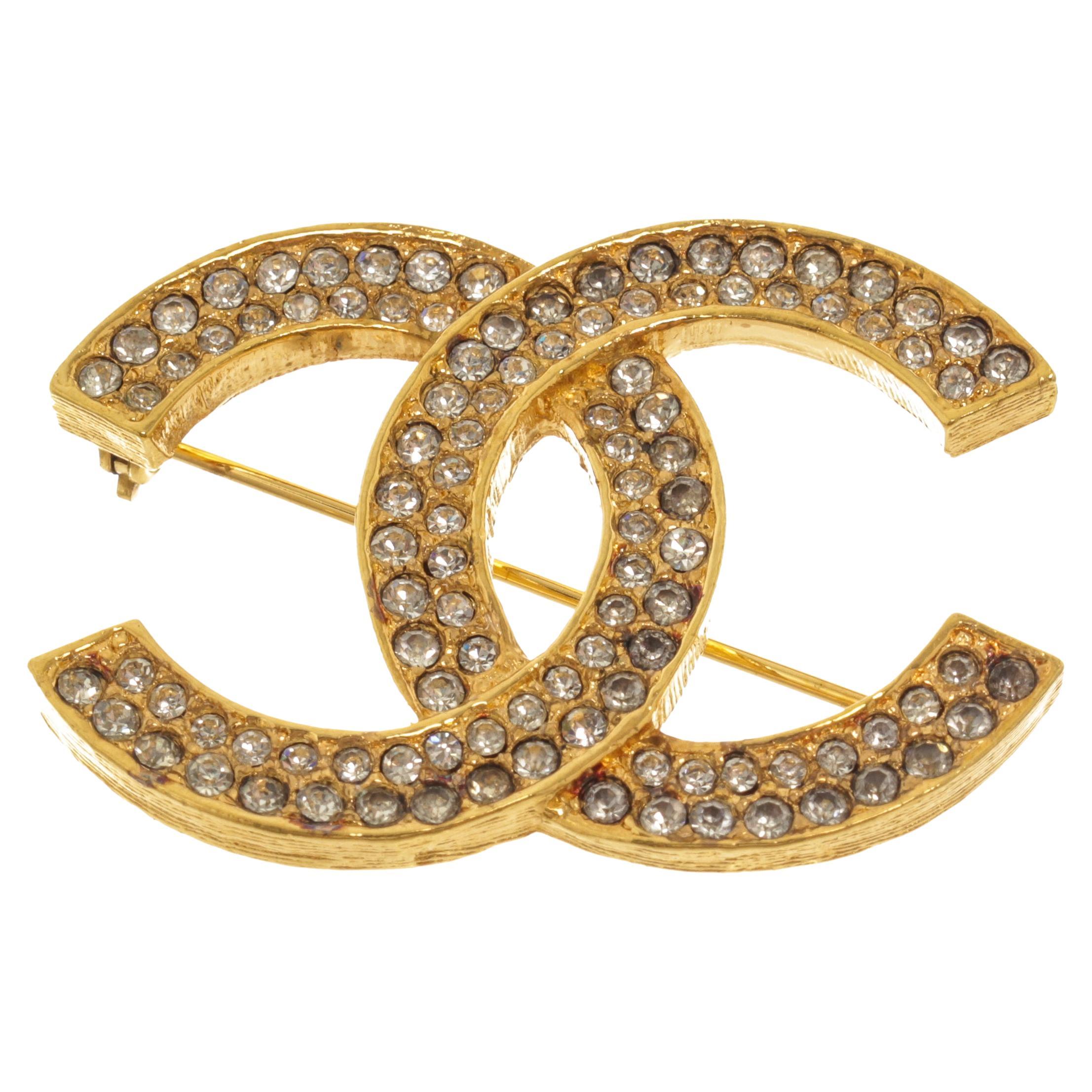 Chanel Gold CC Rhinestone Brooch For Sale