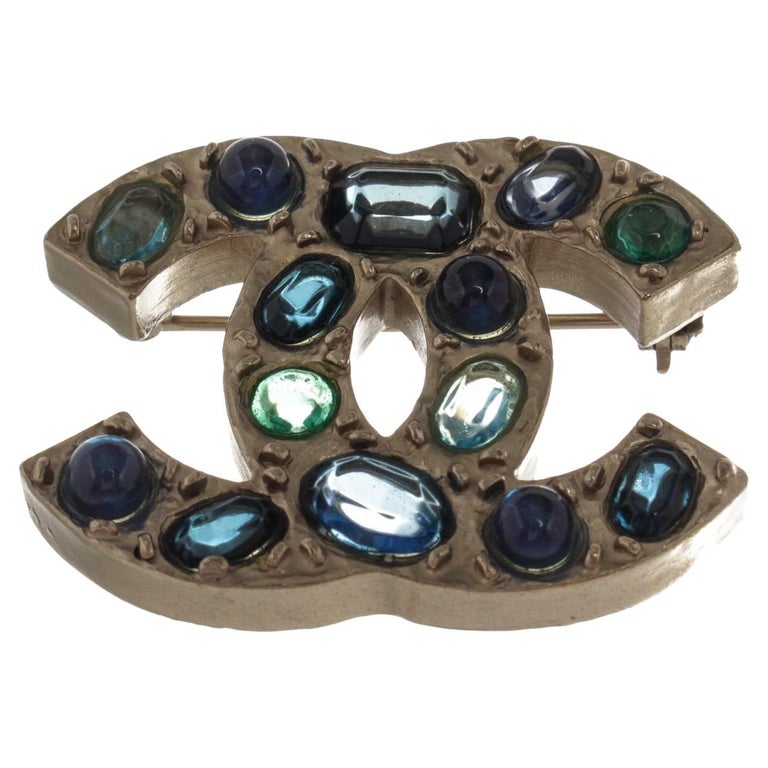 Chanel Gold CC Rhinestone Brooch For Sale at 1stDibs