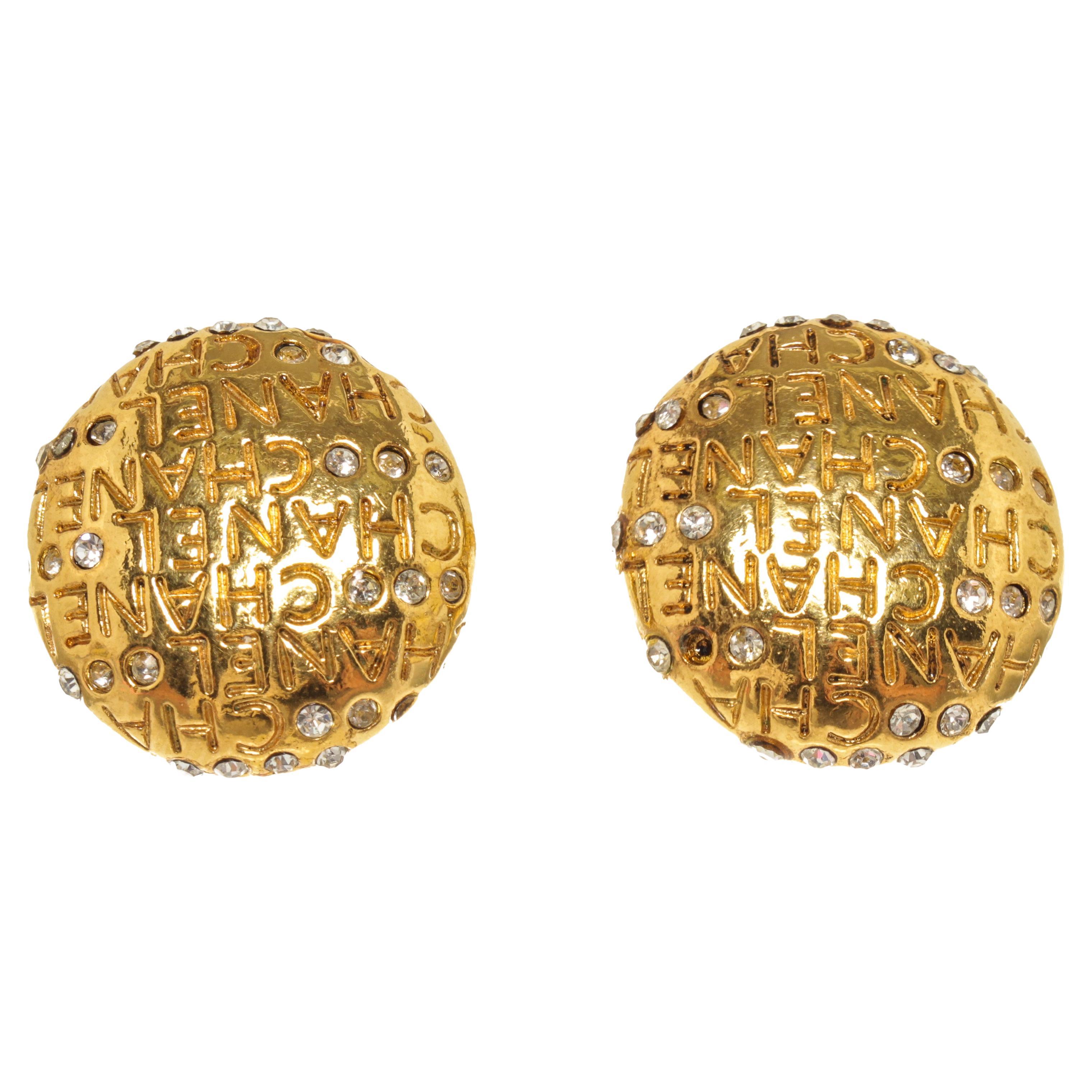 Chanel Logo Earrings with Rhinestones at 1stDibs
