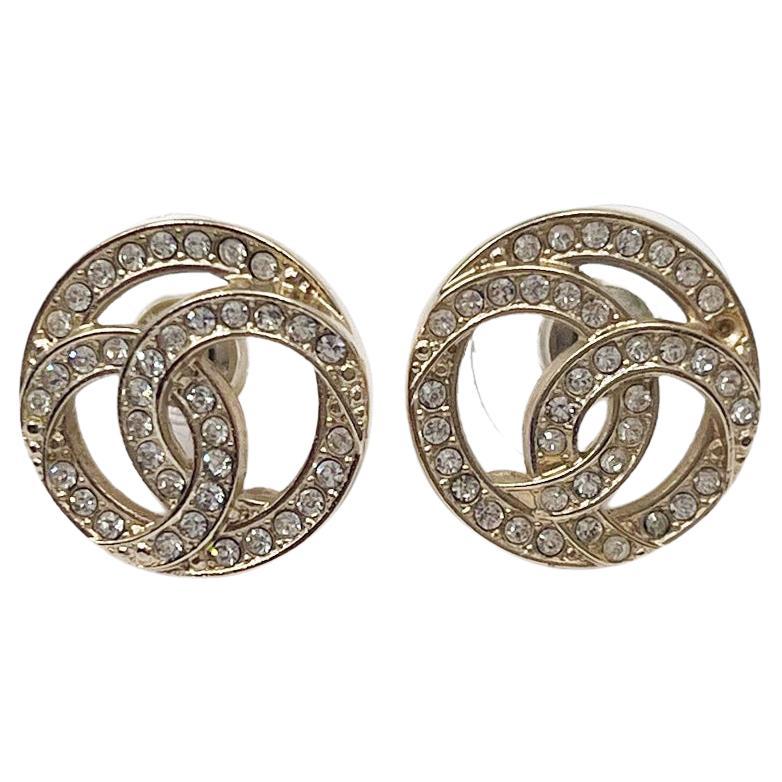 Chanel Gold CC Round Crystal Piercing Earrings  For Sale