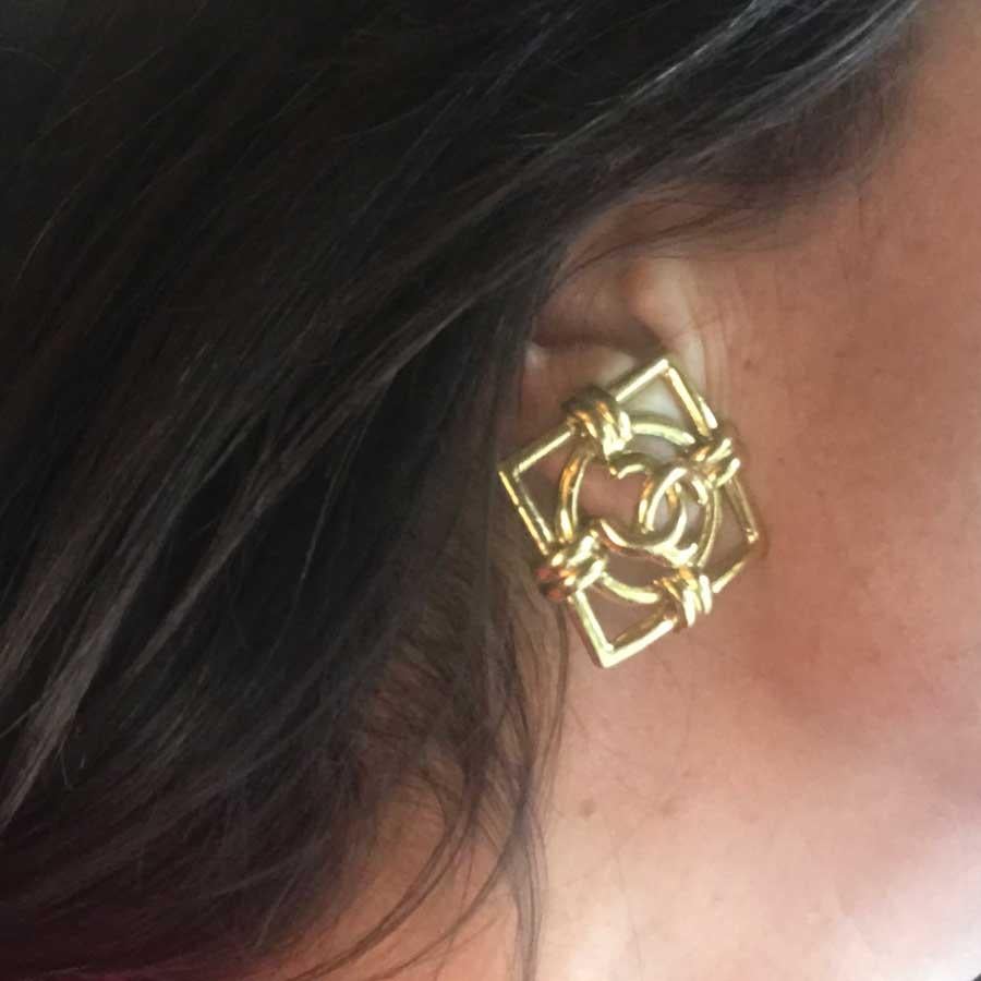 CHANEL Gold CC Round Square Earrings 2