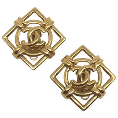 CHANEL Gold CC Round Square Earrings