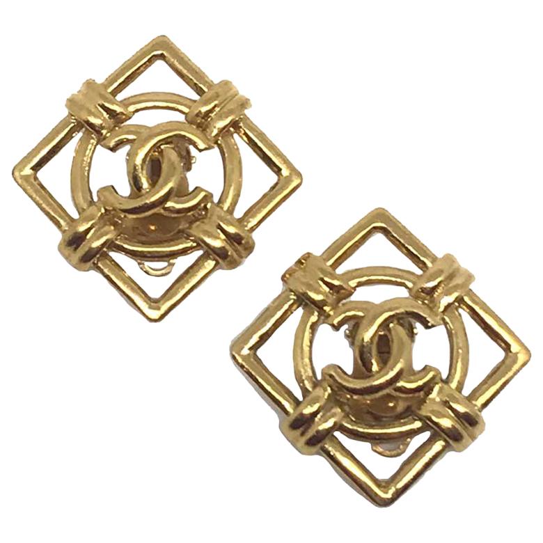 CHANEL Gold CC Round Square Earrings