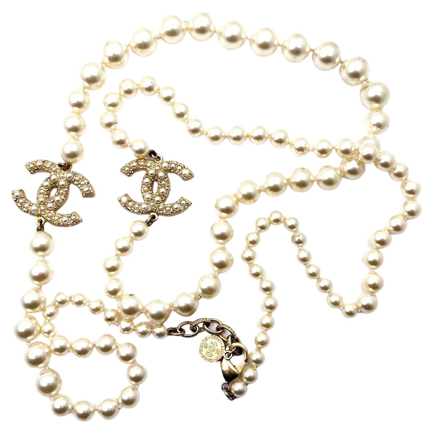 Chanel Gold CC Scatter Pearl Pearl Long Necklace 100 Yr Anniversary at  1stDibs