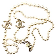 Chanel Pearl Crystal Beaded CC Logo Necklace