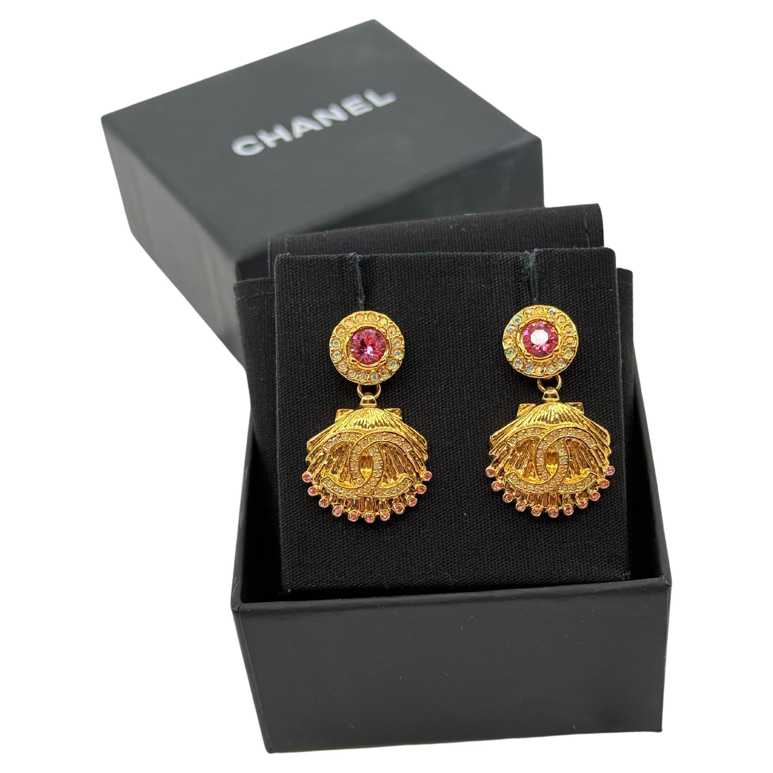 CHANEL Gold CC Seashell Pink Crystal Statement Dangle Earrings For Sale