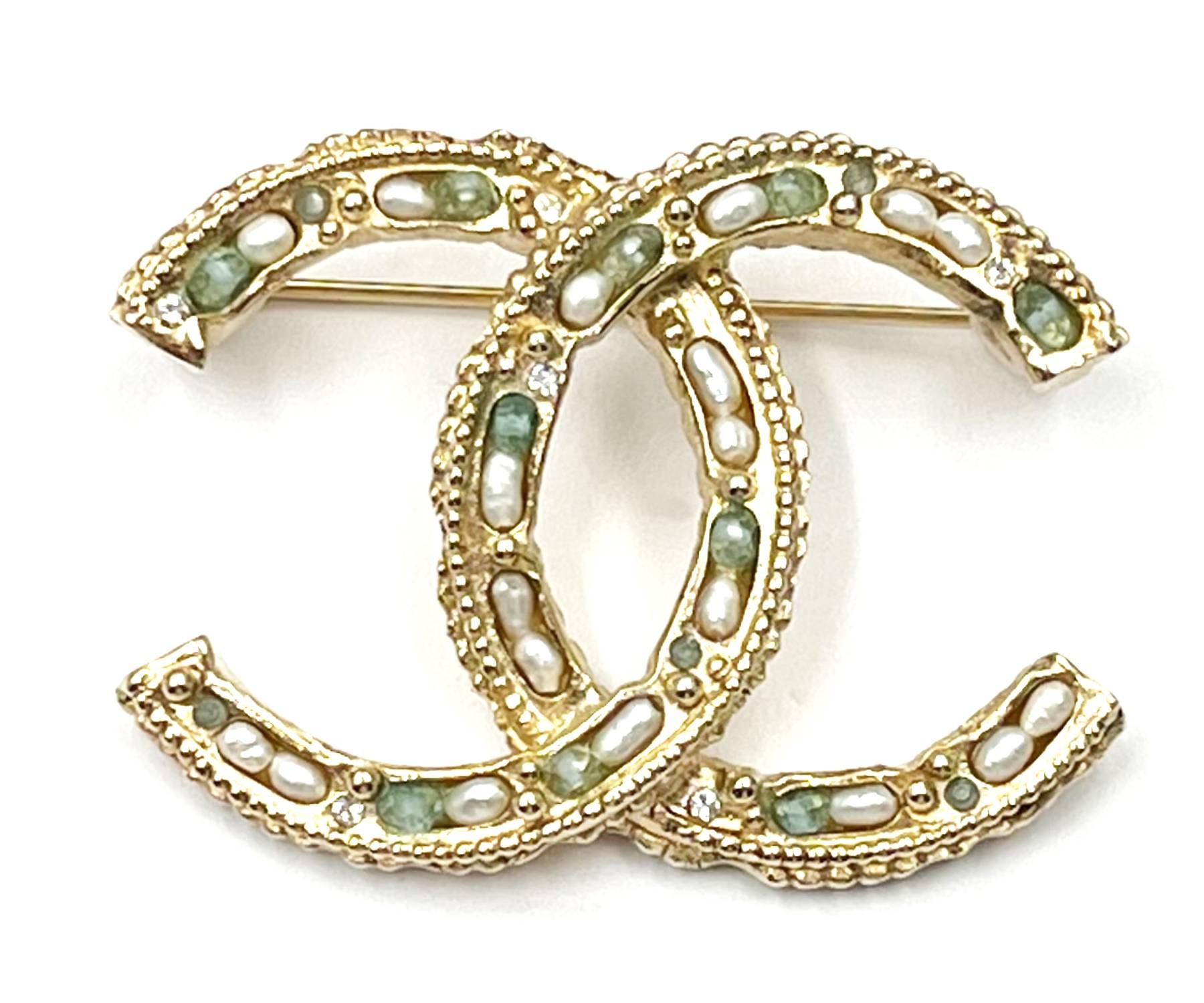 Chanel Gold Cc Seed Pearl Green Bead Brooch - For Sale on 1stDibs