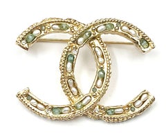 Chanel Gold CC Seed Pearl Green Bead Brooch