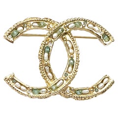 Chanel Gold CC Seed Pearl Green Bead Brooch