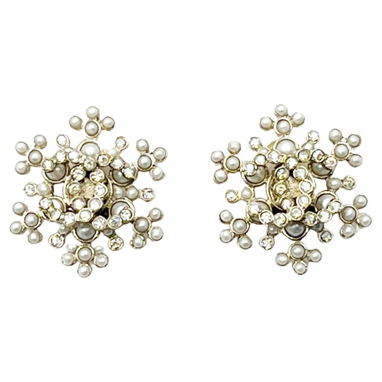 Chanel Gold CC Seed Pearl Snowflake Piercing Earrings For Sale at
