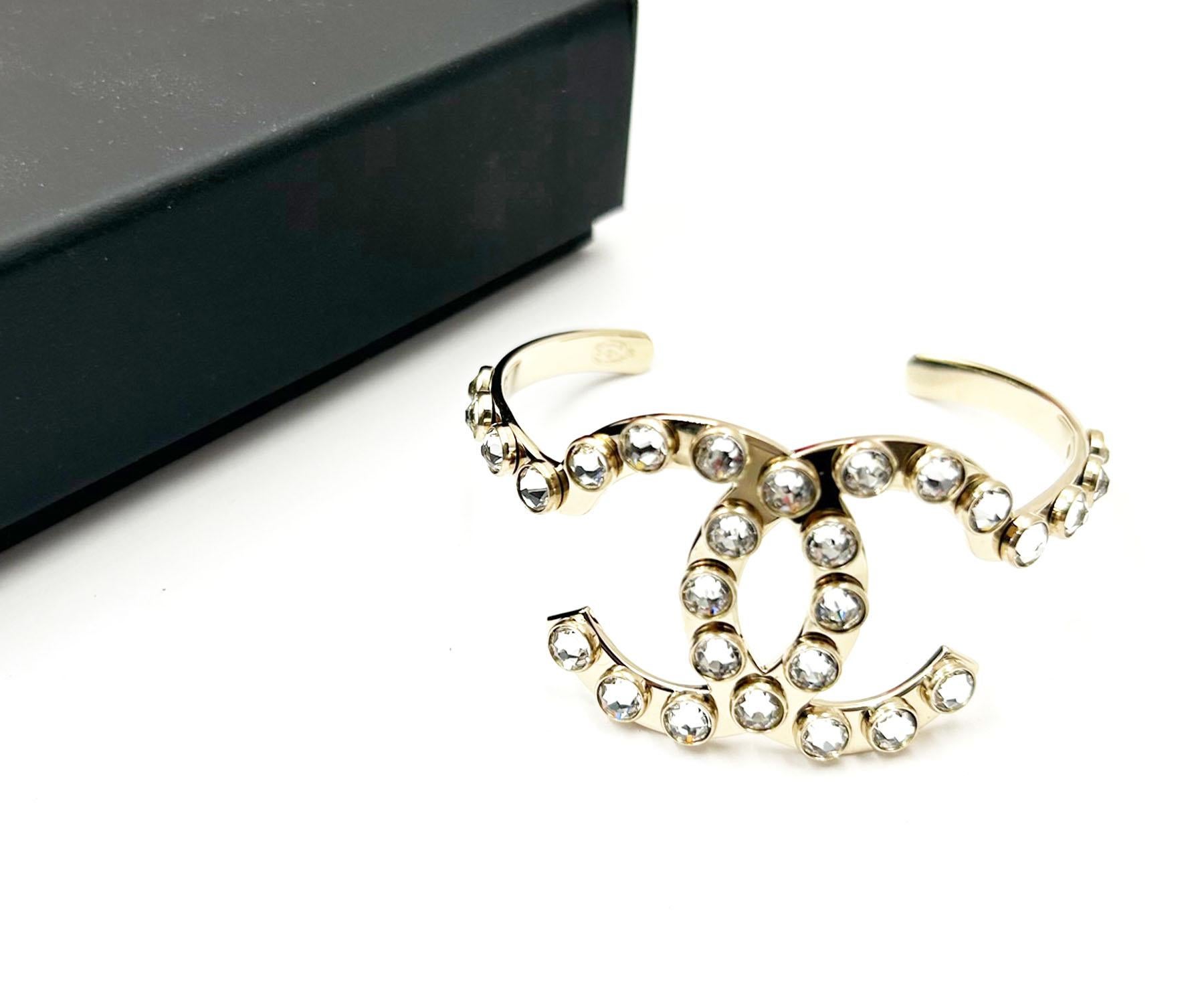 Artisan Chanel Gold CC Solitaire Crystal Cuff Bracelet  For Sale