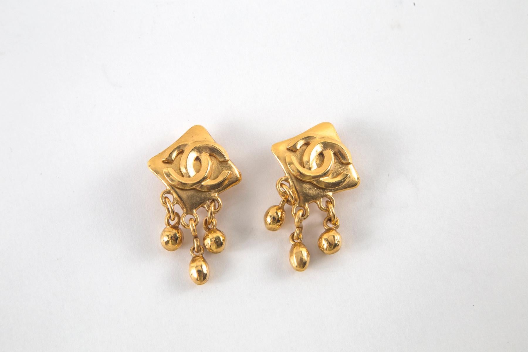 Chanel Gold CC Square Earrings with Drops, Clip-on, Stamped with Chanel, CC, Made in France