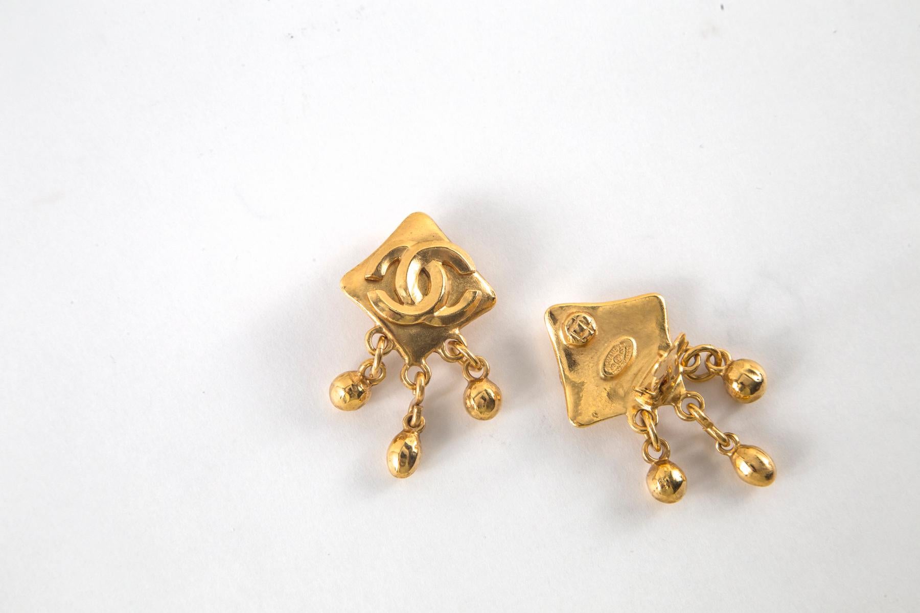 Chanel Gold CC Square Earrings with Drops 1