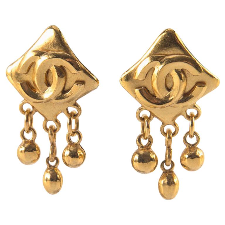 Chanel Gold CC Square Earrings with Drops