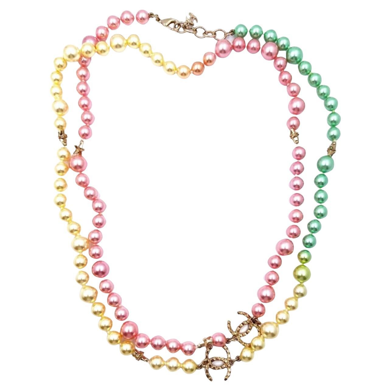 Chanel Gold CC Star Neon Rainbow Candy Pearl Necklace For Sale