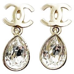 Chanel Gold CC Tear Drop Crystal Dangle Piercing Earrings