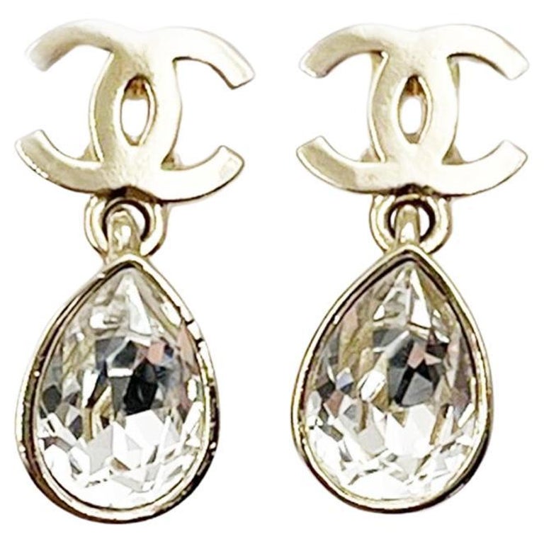 Chanel Gold CC Tear Drop Crystal Dangle Piercing Earrings For Sale at  1stDibs