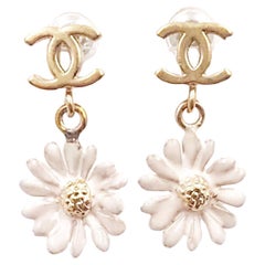 Chanel Gold CC White Daisy Small Piercing Earrings