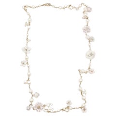 Chanel Gold CC White Ivory Pastel Pink Daisy Flower Long Pearl Necklace