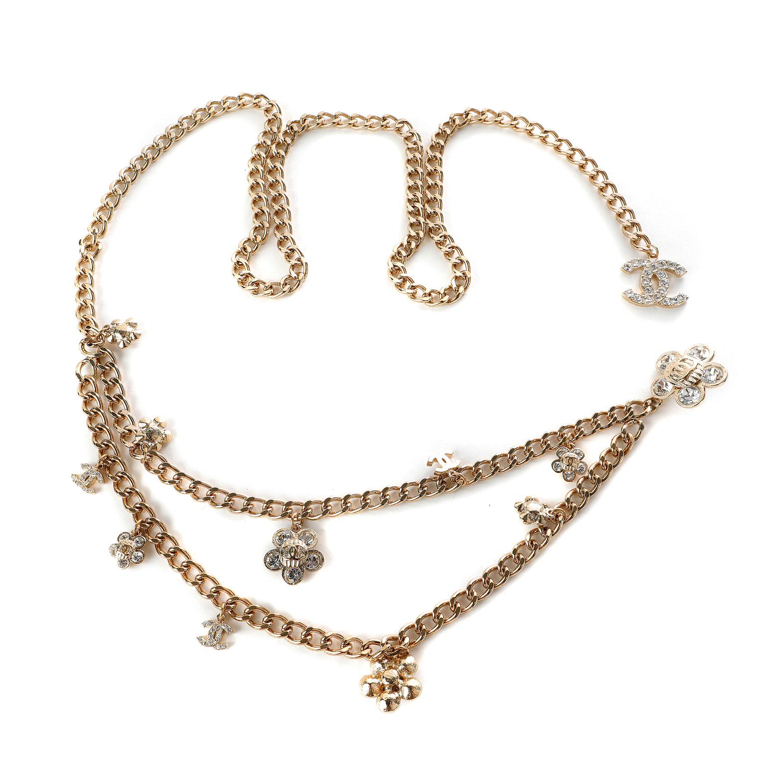 Women's Chanel Gold Chain and Crystal Flower Belt Necklace 