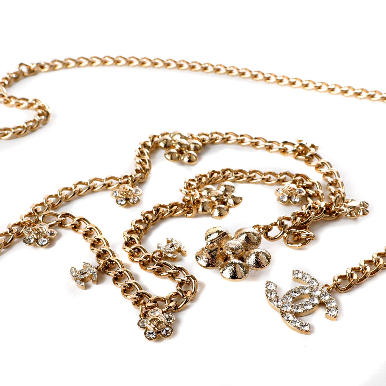 Chanel Gold Chain and Crystal Flower Belt Necklace  2