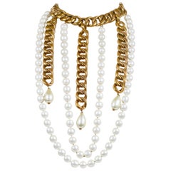 Chanel Gold Chain and Pearl Collar Antique Necklace