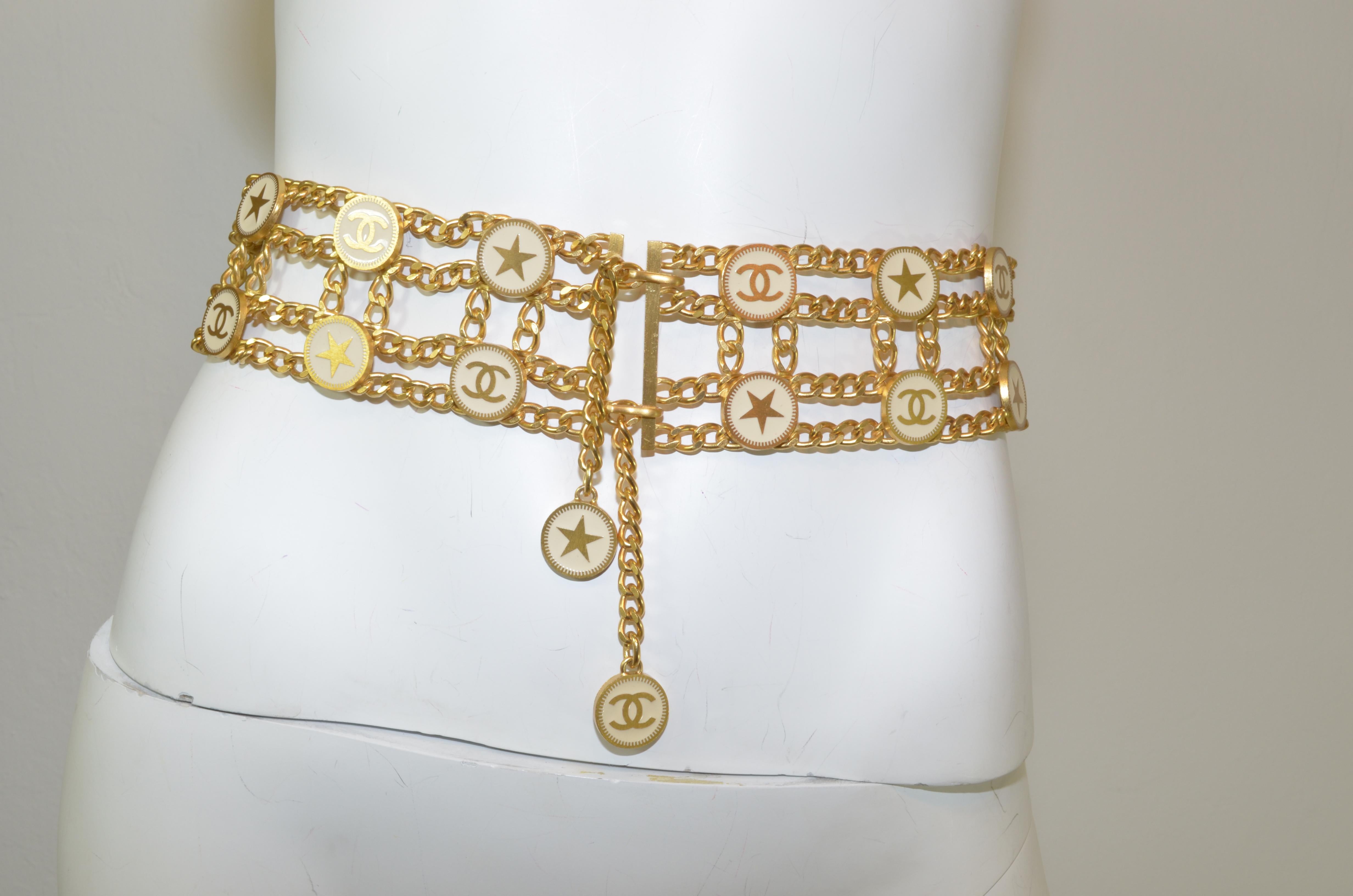 Chanel belt is featured in a gold-tone metal with a signature 