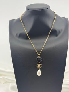 Chanel Gold Chain Black Camellia Crystal CC Pearl Pendant Necklace
