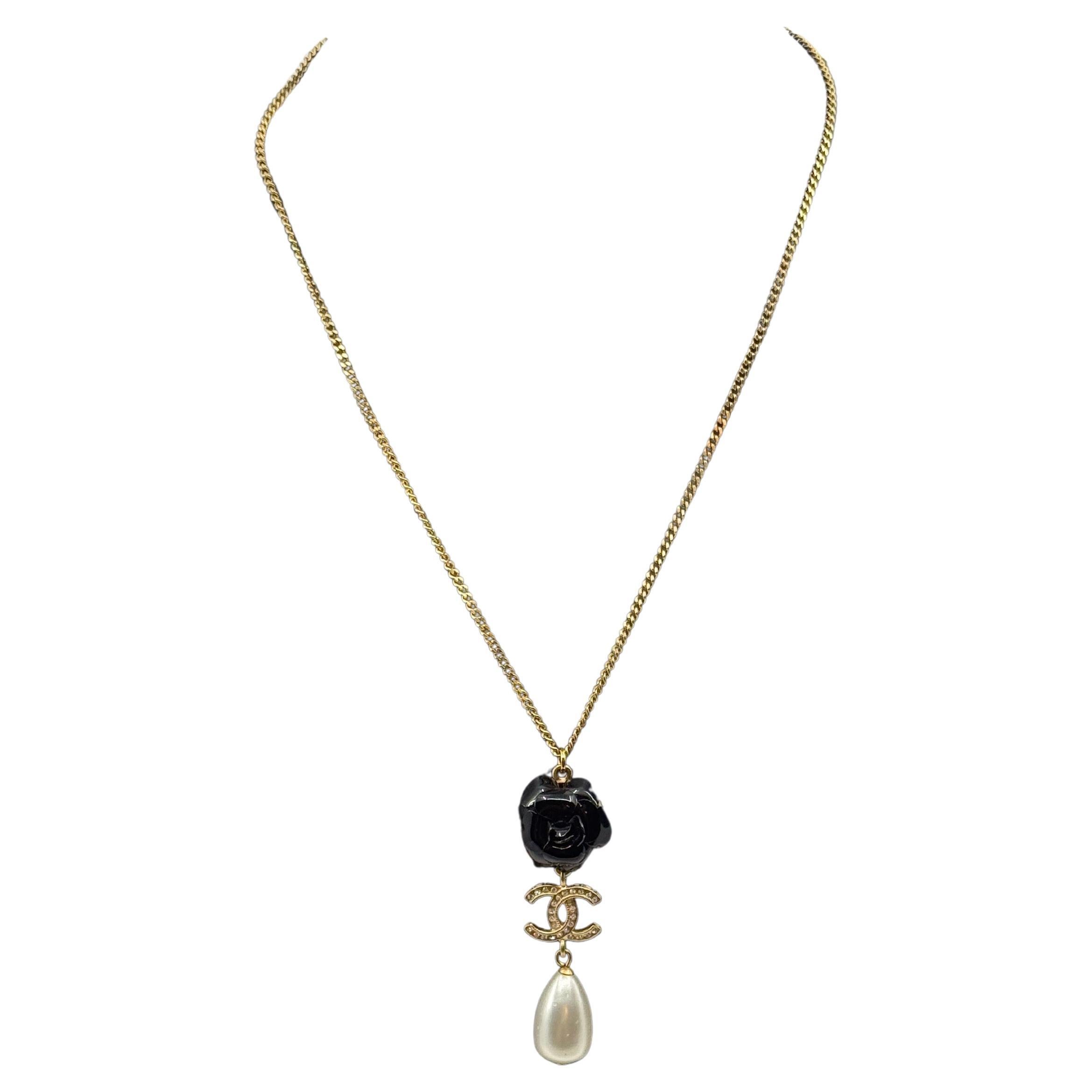 Chanel Gold Chain Black Camellia Crystal CC Pearl Pendant Necklace