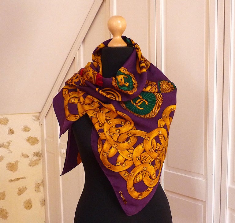 CHANEL Gold Chain and CC Logo Large Silk Scarf, Vintage from the