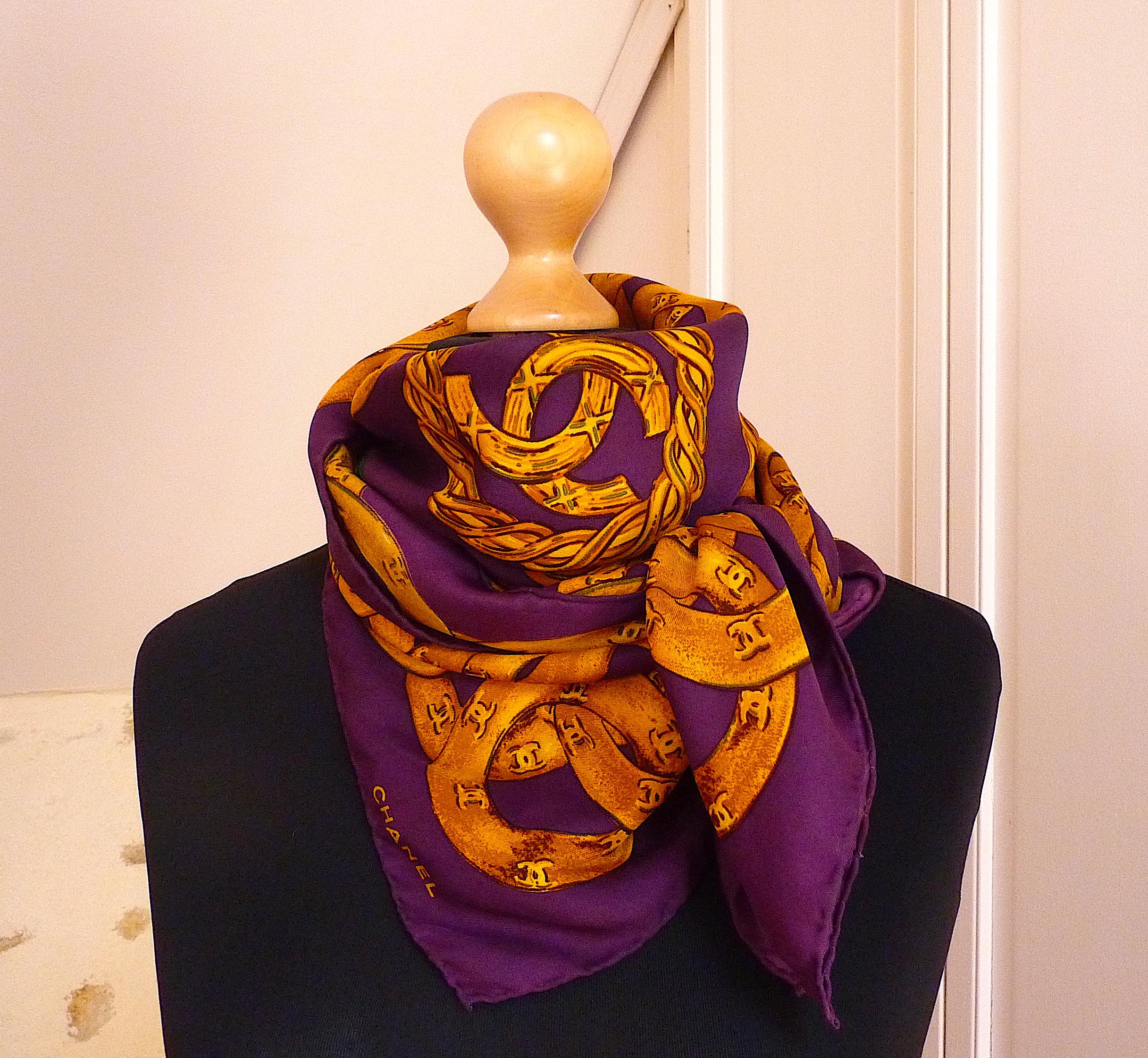 Brown CHANEL Gold Chain & CC Logo Large Silk Scarf, Vintage from the 1990s For Sale