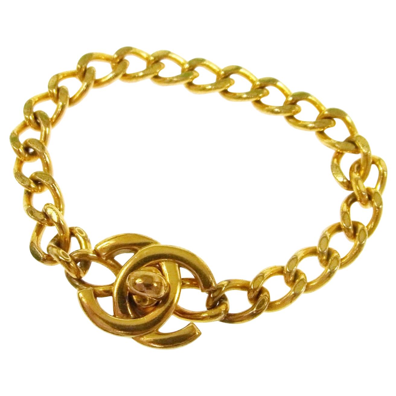 Chanel Gold Chain Cuban Link Small CC Turnlock Charm Evening Cuff Bracelet 