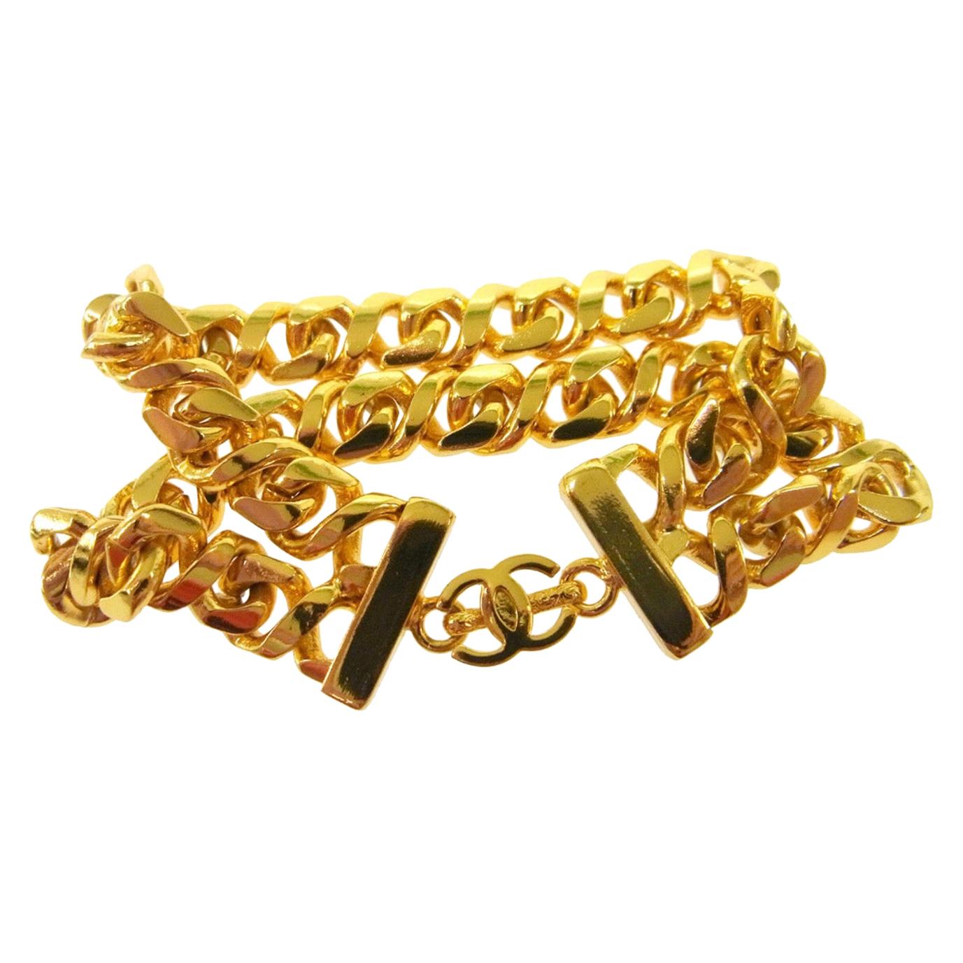 Chanel Gold Chain Double Link Small CC Turnlock Charm Evening Cuff Bracelet 