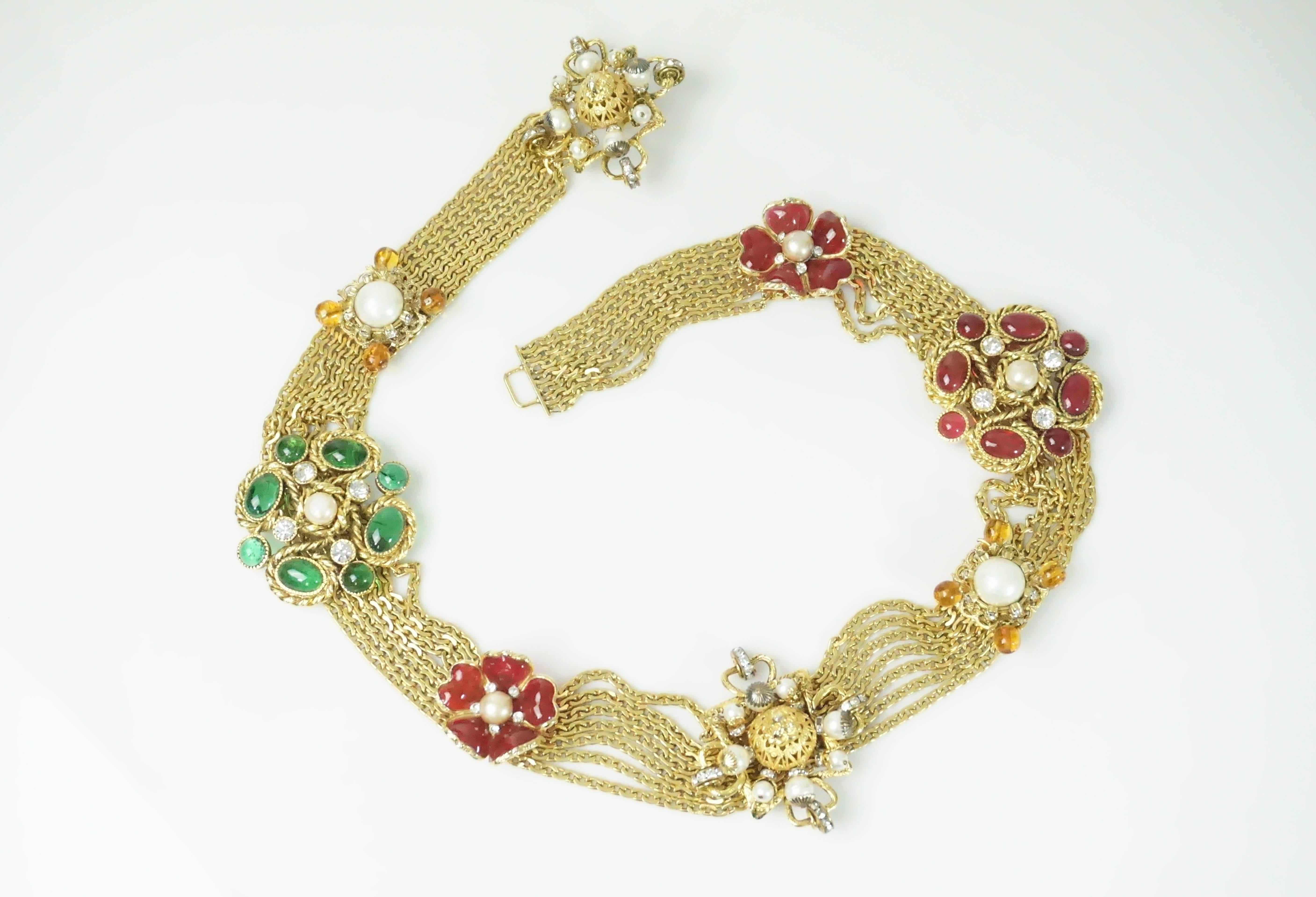 Chanel Gold Chain Link Belt/Necklace with Gripoix and Pearl Camelias-Circa 70's  This magnificent highly collectible belt can also be worn as a single strand or double choker style necklace. It has 8 uniquely created ornaments in the form of