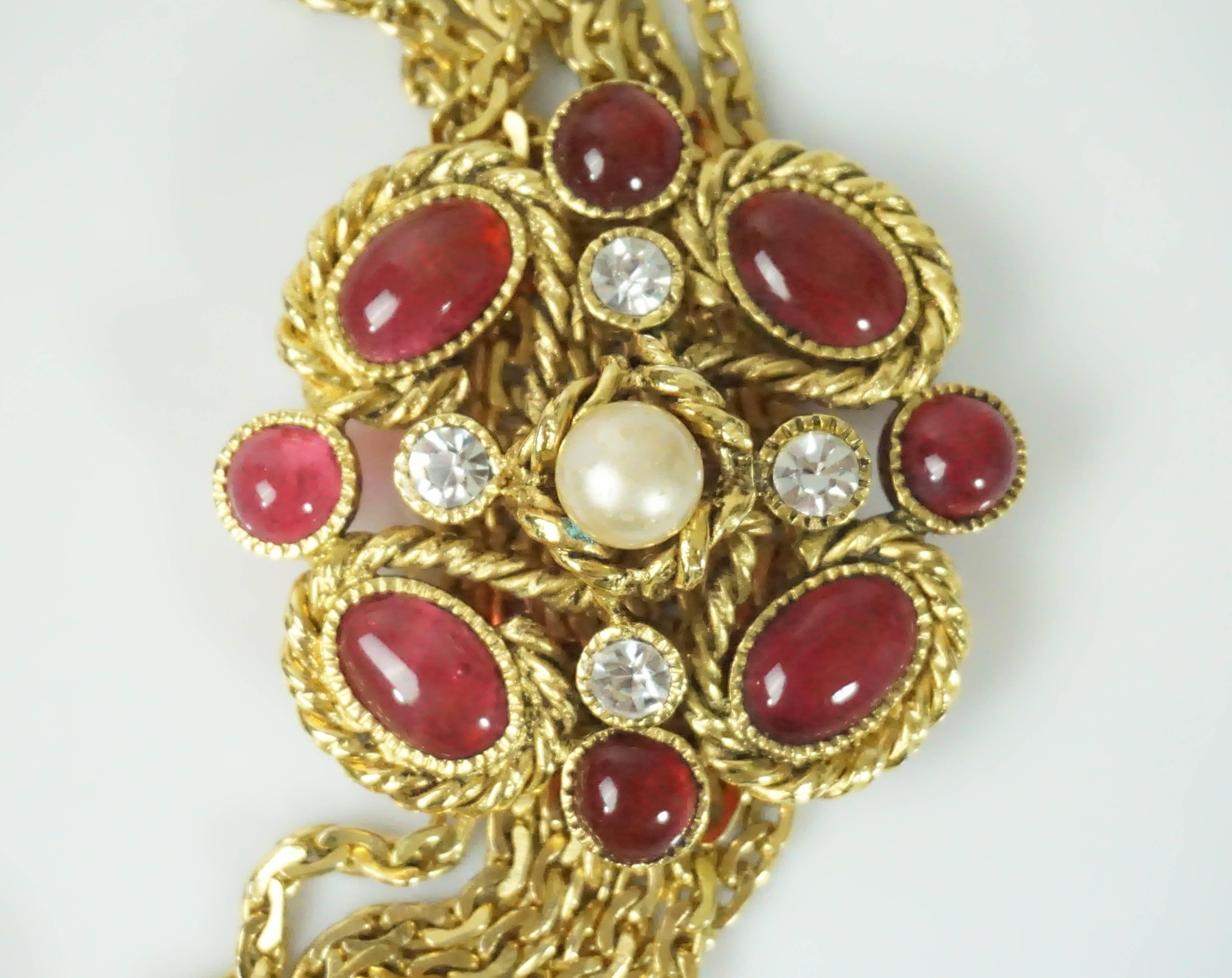 Women's or Men's Chanel Gold Chain Link Belt/Necklace with Gripoix and Pearl Camelias-Circa 70's