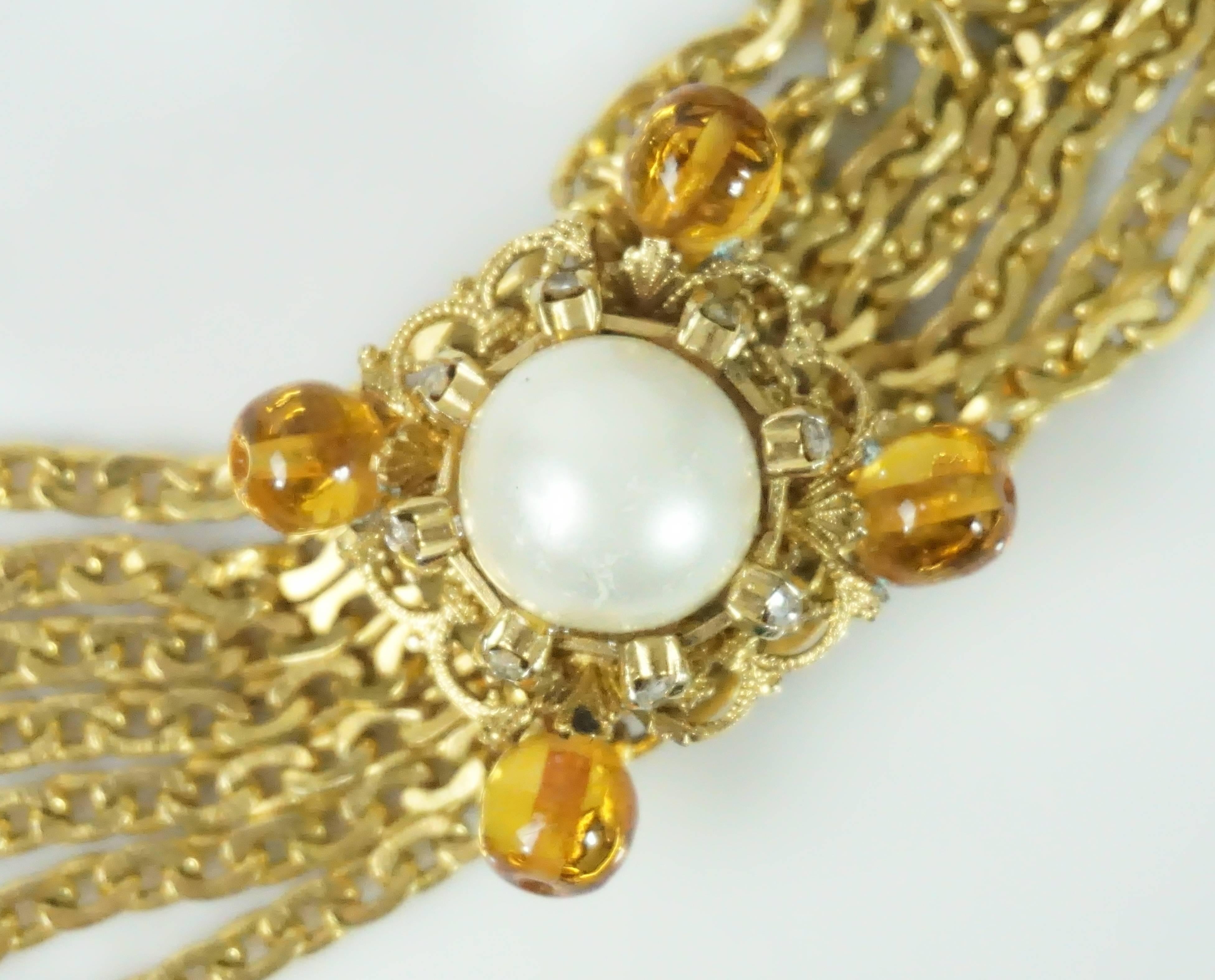 Chanel Gold Chain Link Belt/Necklace with Gripoix and Pearl Camelias-Circa 70's 1