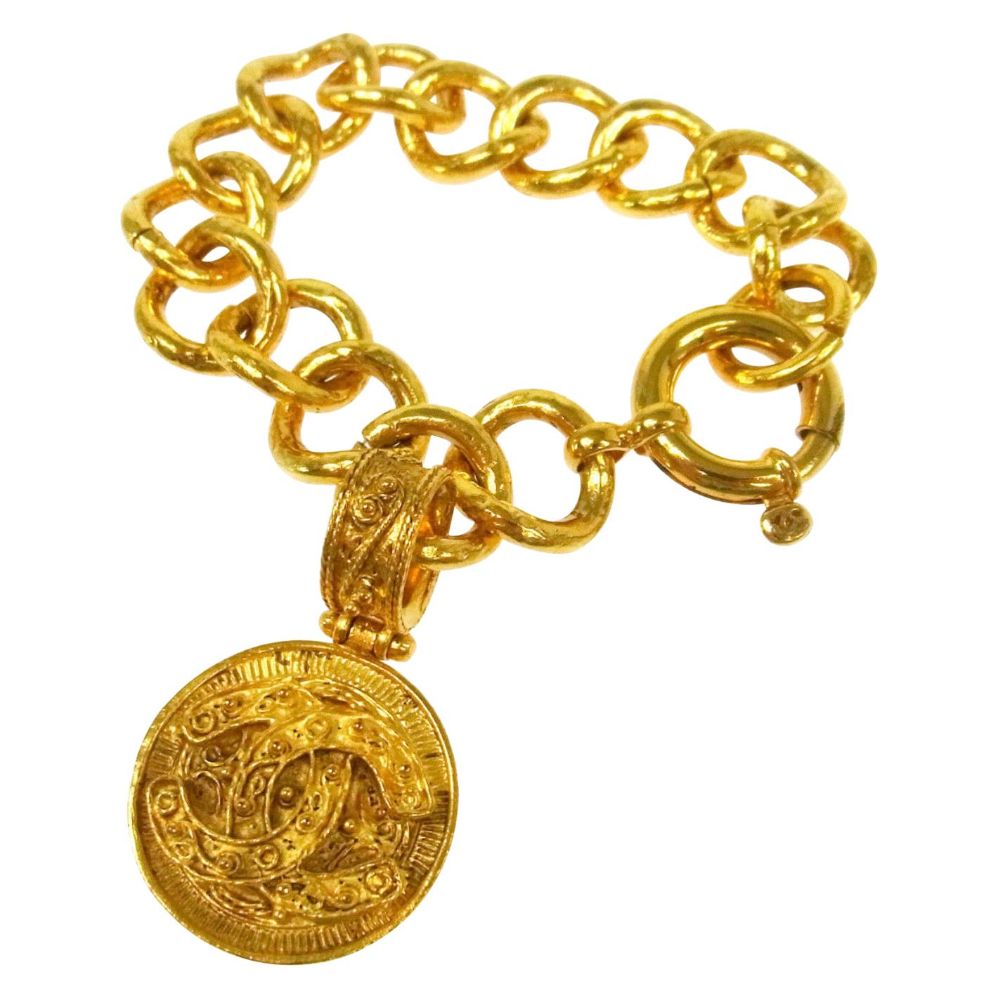Chanel Gold Chain Link CC Dangle Charm Evening Cuff Bracelet 