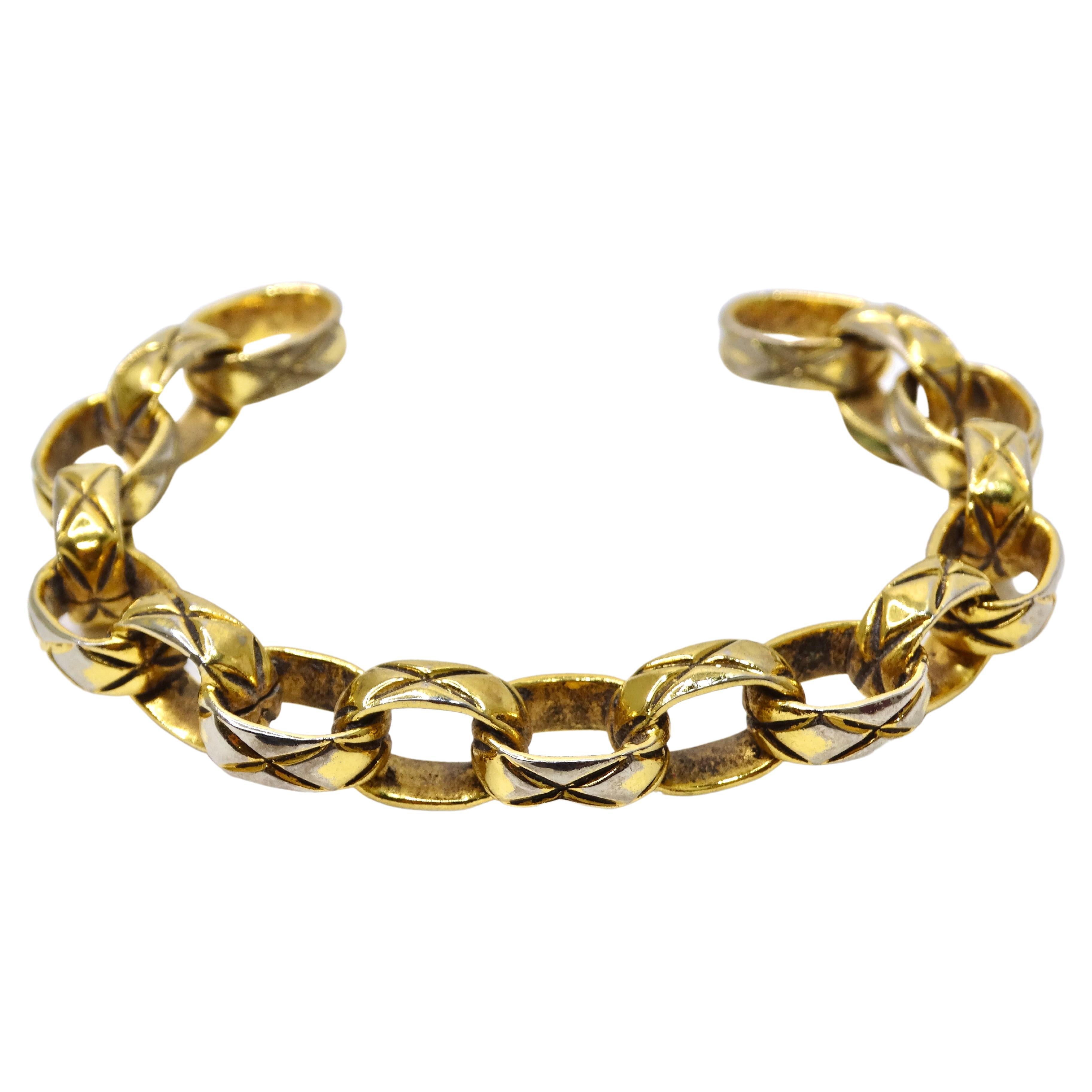 Vintage CHANEL Logo Matelasse Bangle Bracelet Jewelry Accessory Gold Plated  F/S