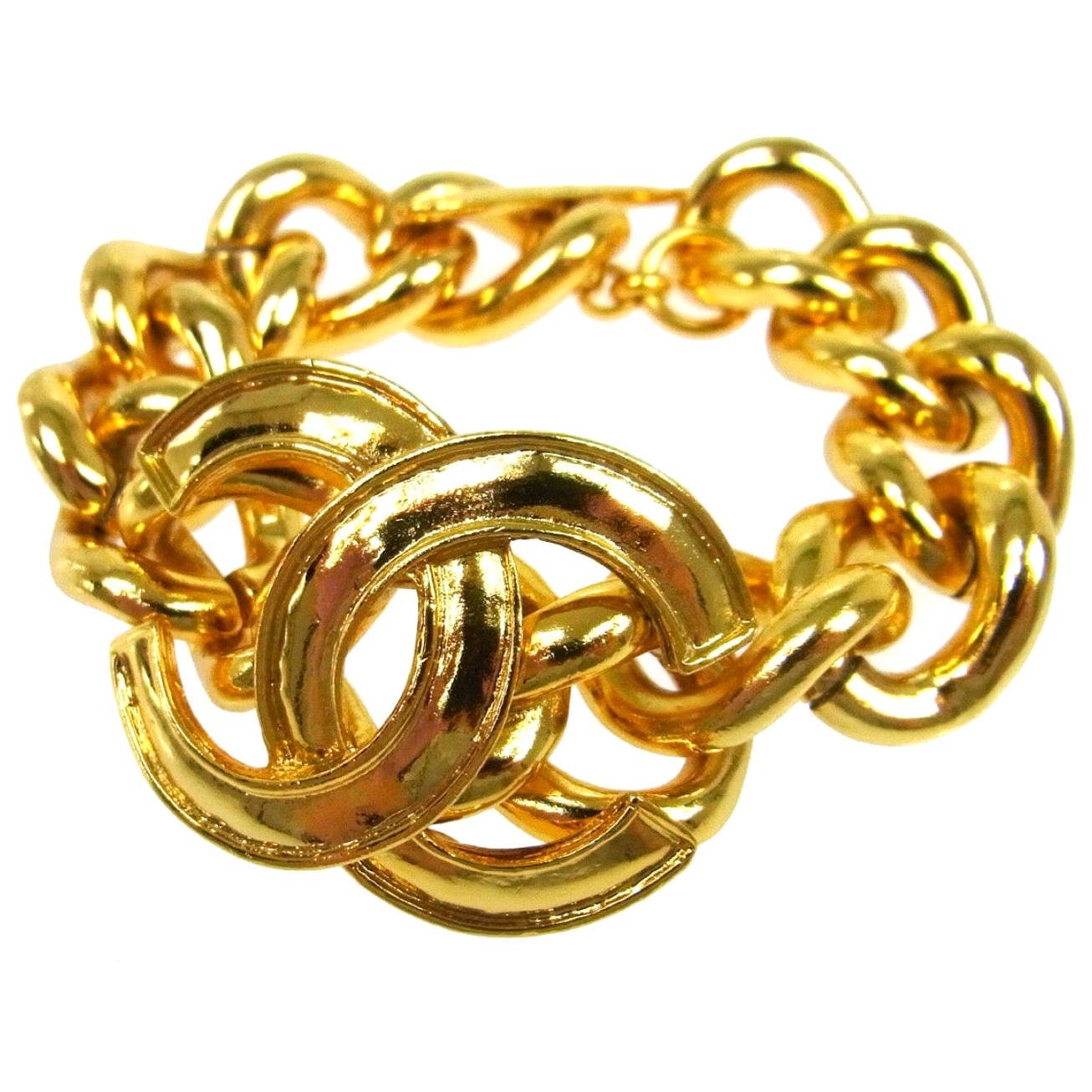 Chanel Gold Chain Link Large CC Dangle Charm Evening Statement Cuff Bracelet 