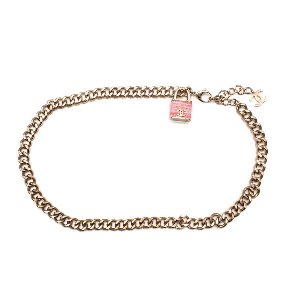 Chanel Gold Chain Pink Tweed Locket CC Belt For Sale 2