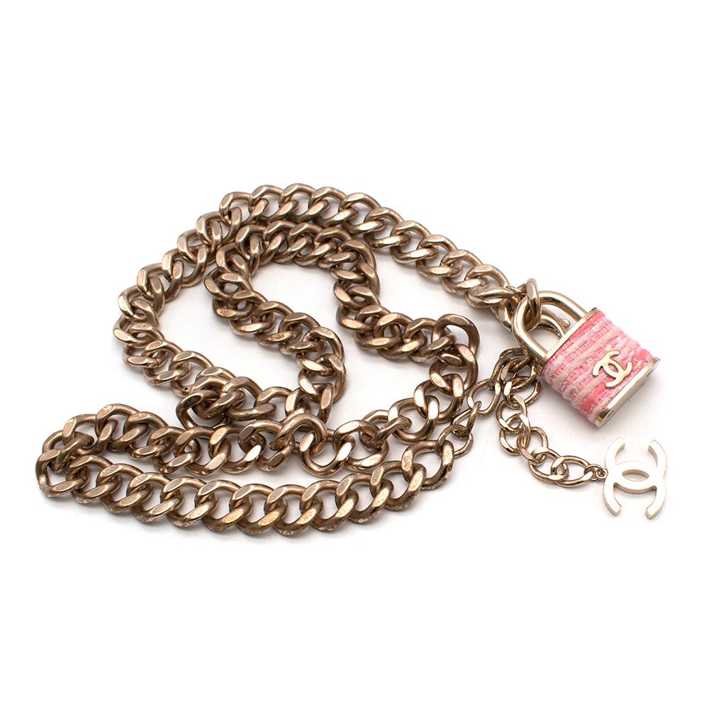 Chanel Gold Chain Pink Tweed Locket CC Belt For Sale 3