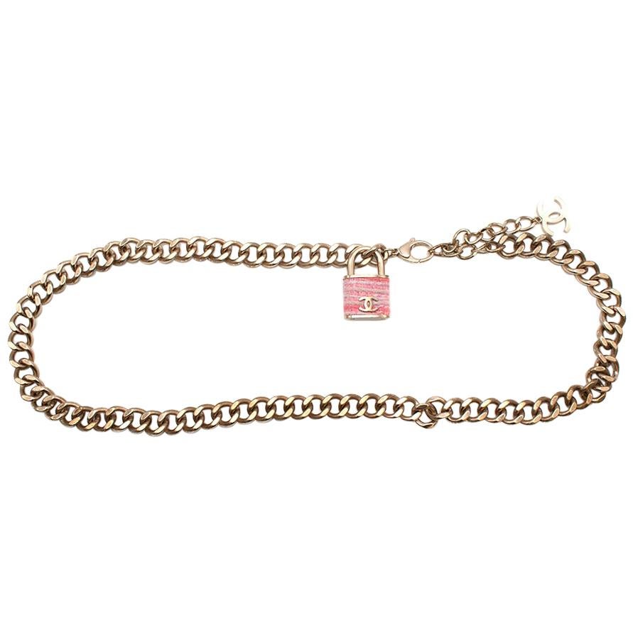 Chanel Gold Chain Pink Tweed Locket CC Belt For Sale