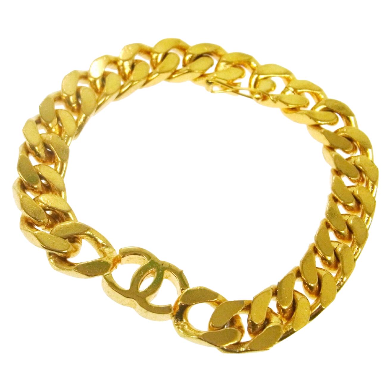 Chanel Gold Chain Thin Link Small CC Charm Evening Cuff Bracelet 