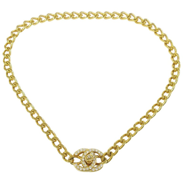 Chanel Gold Charm CC Chain Rhinestone Link Evening Pendant Choker Necklace